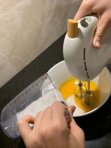 Mixing the egg yolks with sugar, different from previous trial as we mixed until fluffy